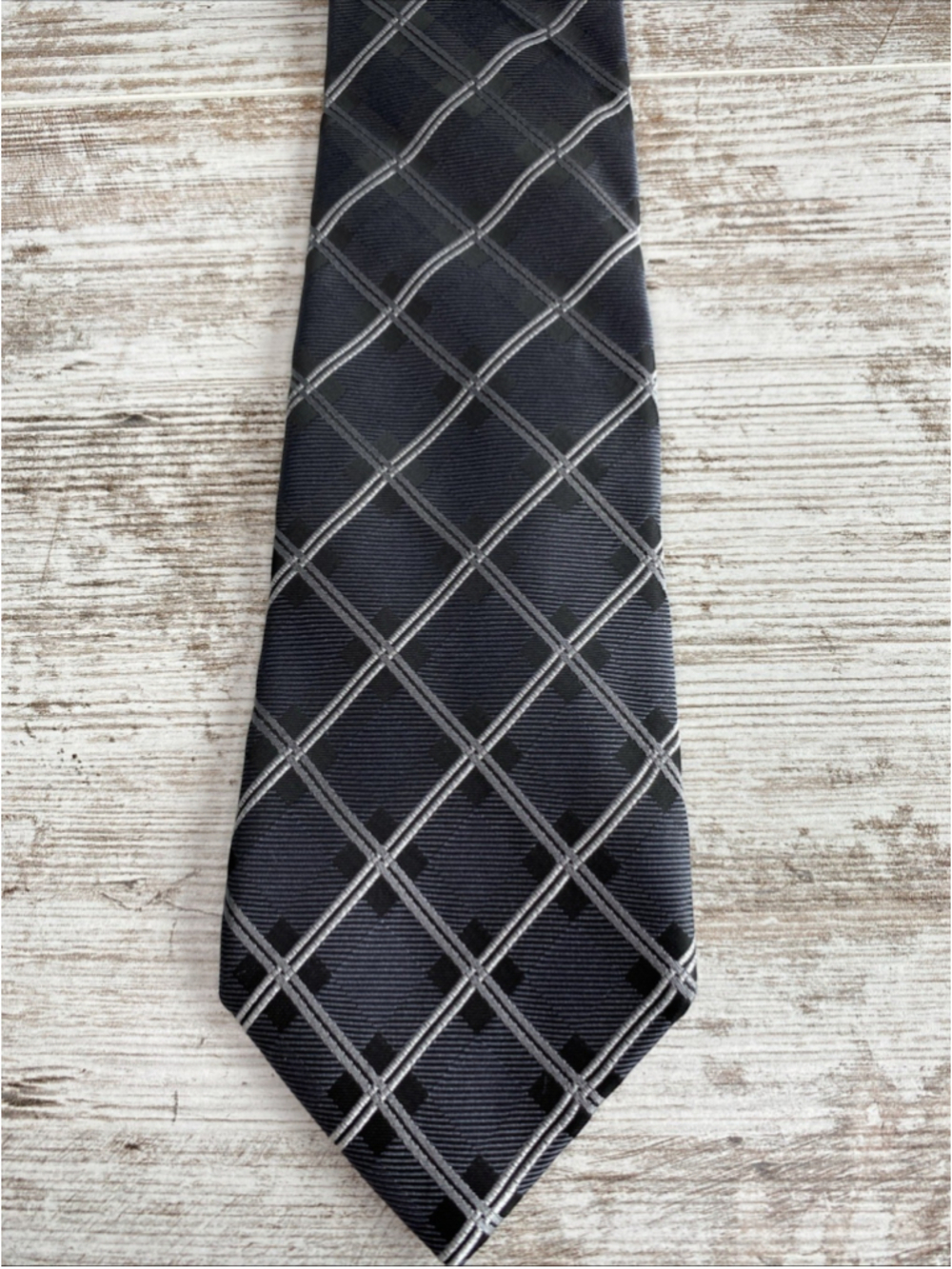 Croft & Barrow Tie Gray Black Grid Silk Blend 58” 3.35” Mens Necktie